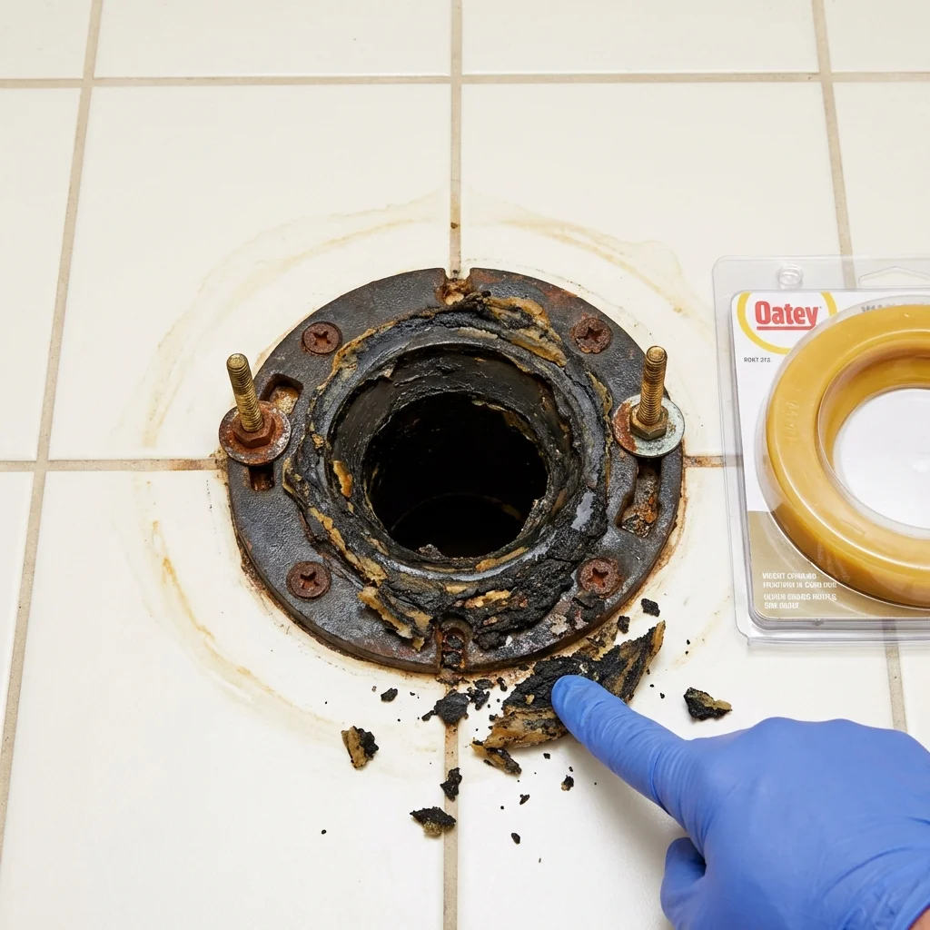 Failed wax ring showing water seepage at the base of a toilet in a Collinsville, AL home