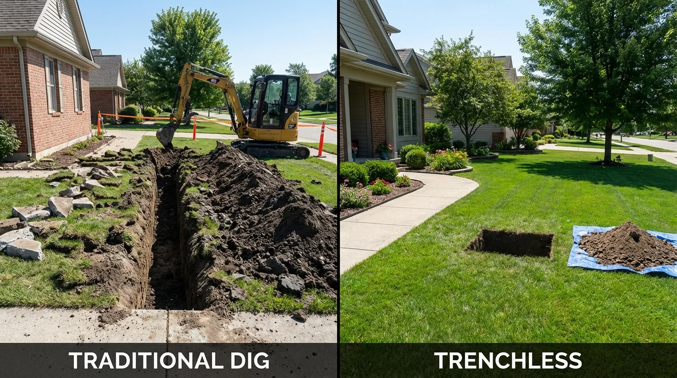 Trenchless sewer repair with minimal yard damage versus traditional excavation in Collinsville, AL