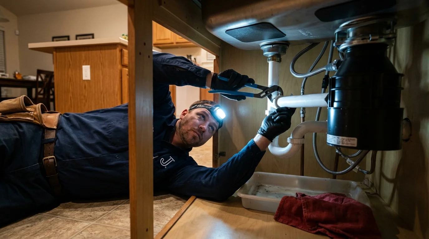 P-trap and supply line connections under a kitchen sink showing a common leak point in Collinsville, AL